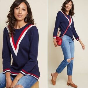 ModCloth Well Prepped Sweater in Navy with Red and White Accents Small
